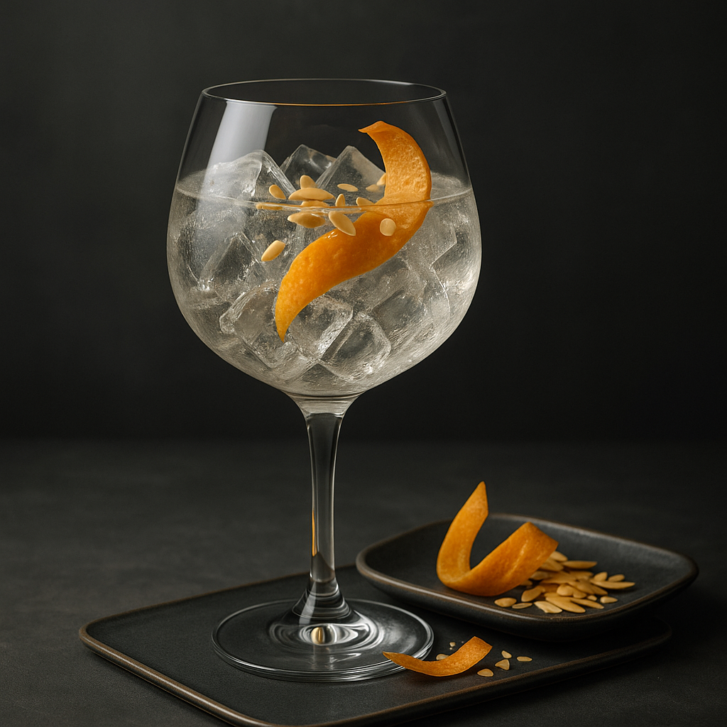 Sir Chill Gin Black Edition servi avec Thomas Henry Tonic Water, agrémenté de Orange peel twist et Toasted almond flakes
