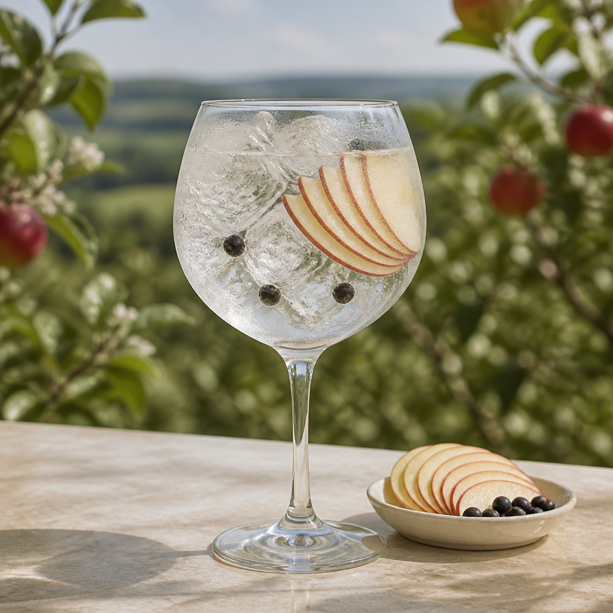 Maison Bouvier Gin Normand a la Pomme served with Fever-Tree Indian Tonic Water, garnished with Thin apple fan and Juniper berries