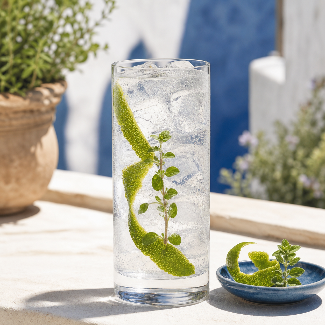 Ginepraio Organic Mediterranean Tuscan Dry Gin served with Fever-Tree Mediterranean Tonic Water, garnished with Green mandarin peel and Fresh oregano sprig