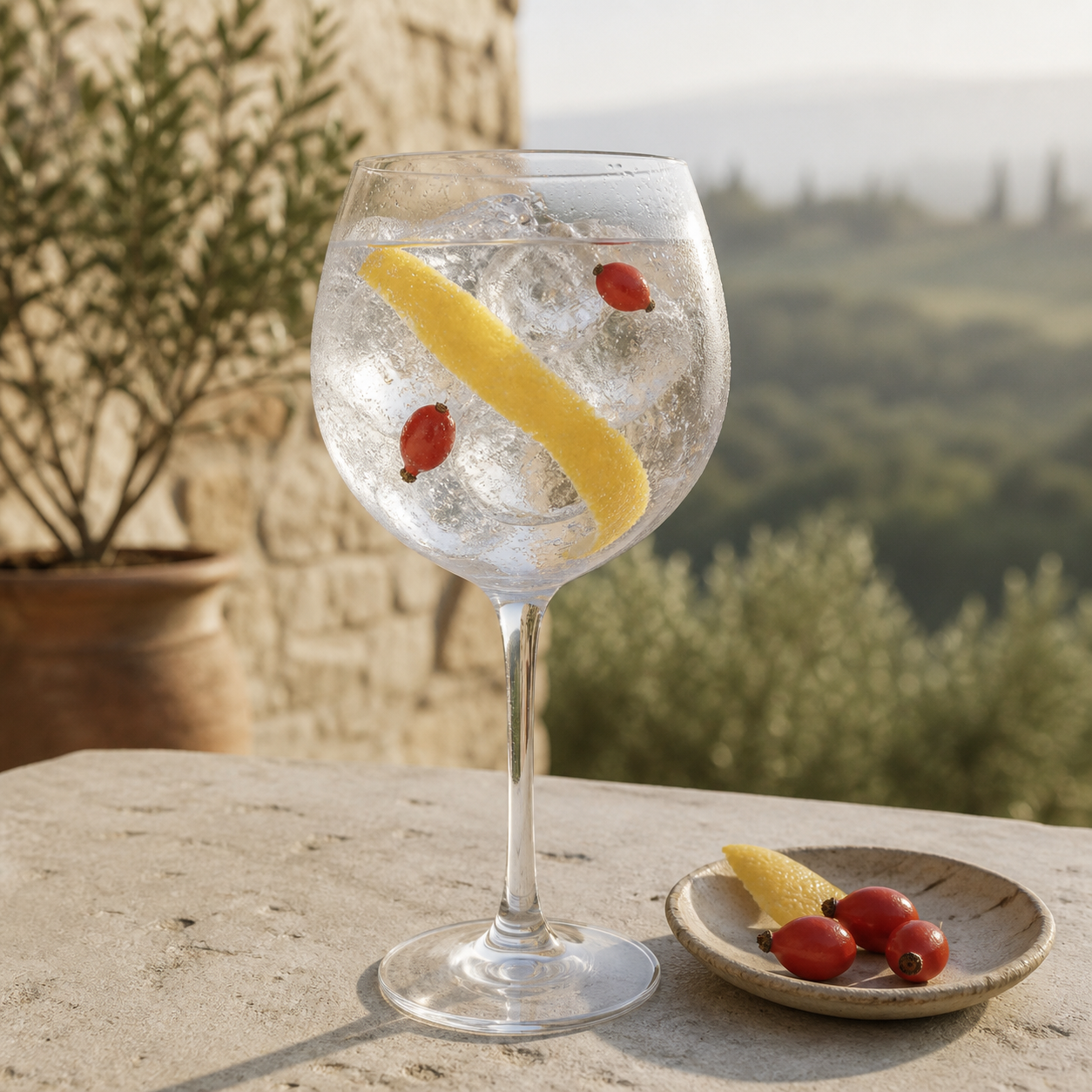 Ginepraio Organic Tuscan Dry Gin served with Fever-Tree Mediterranean Tonic Water, garnished with Lemon peel and Dried rosehips
