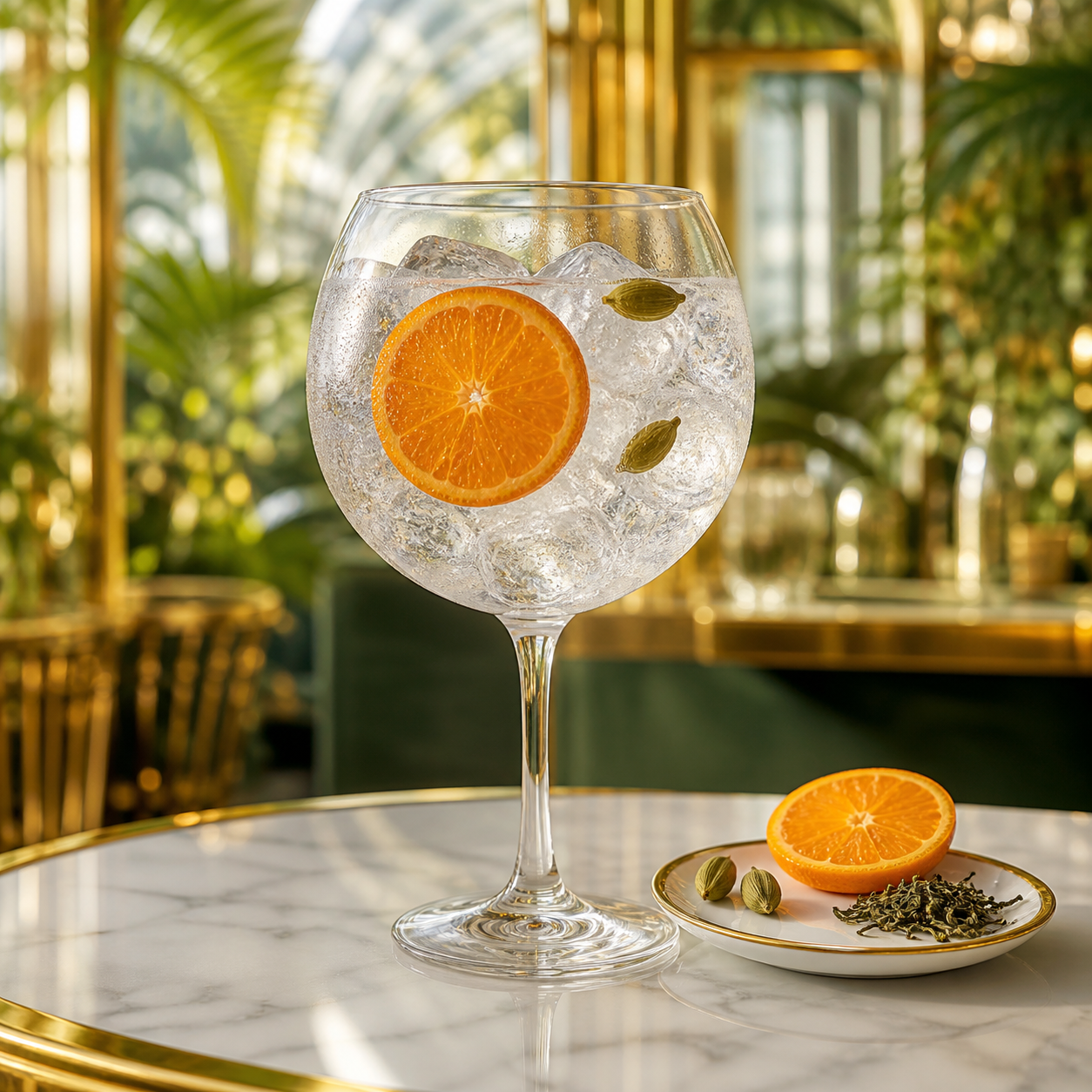 Clover Gin Lucky No 4 served with Fever-Tree Indian Tonic Water, garnished with Clementine wheel and Green cardamom pods