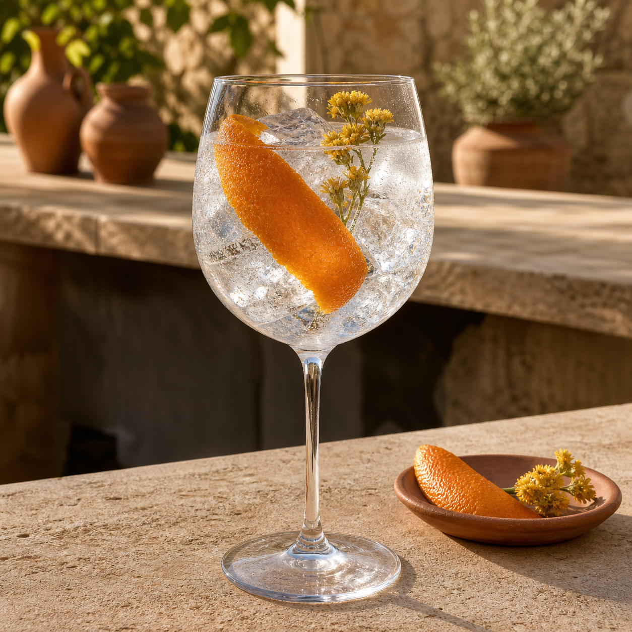 Ginepraio Amphora Navy Strength served with Fever-Tree Mediterranean Tonic Water, garnished with Orange peel and Food-safe helichrysum sprig
