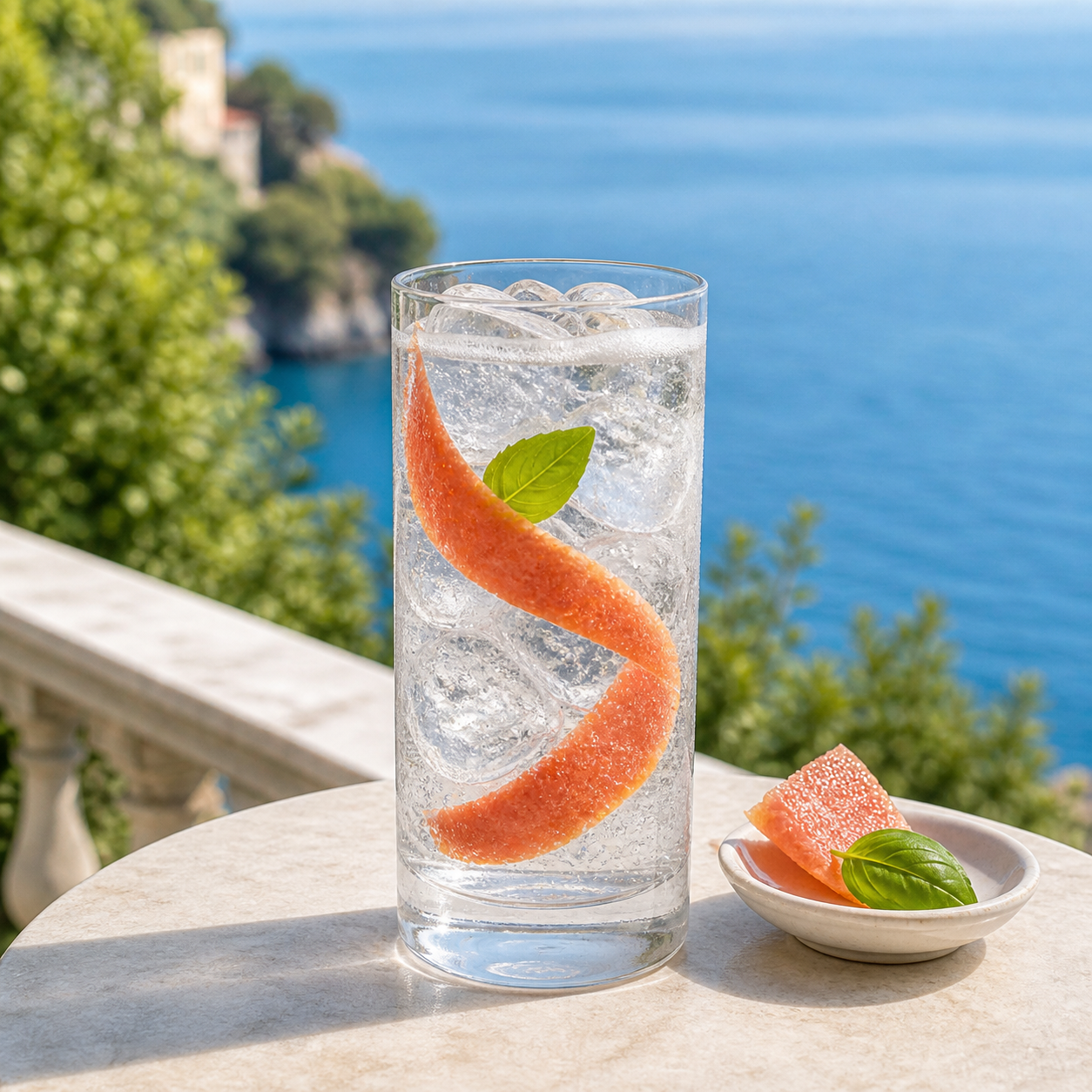 Portofino Dry Gin - La Penisola served with Fever-Tree Naturally Light Tonic Water, garnished with Pink grapefruit peel and Fresh basil leaf
