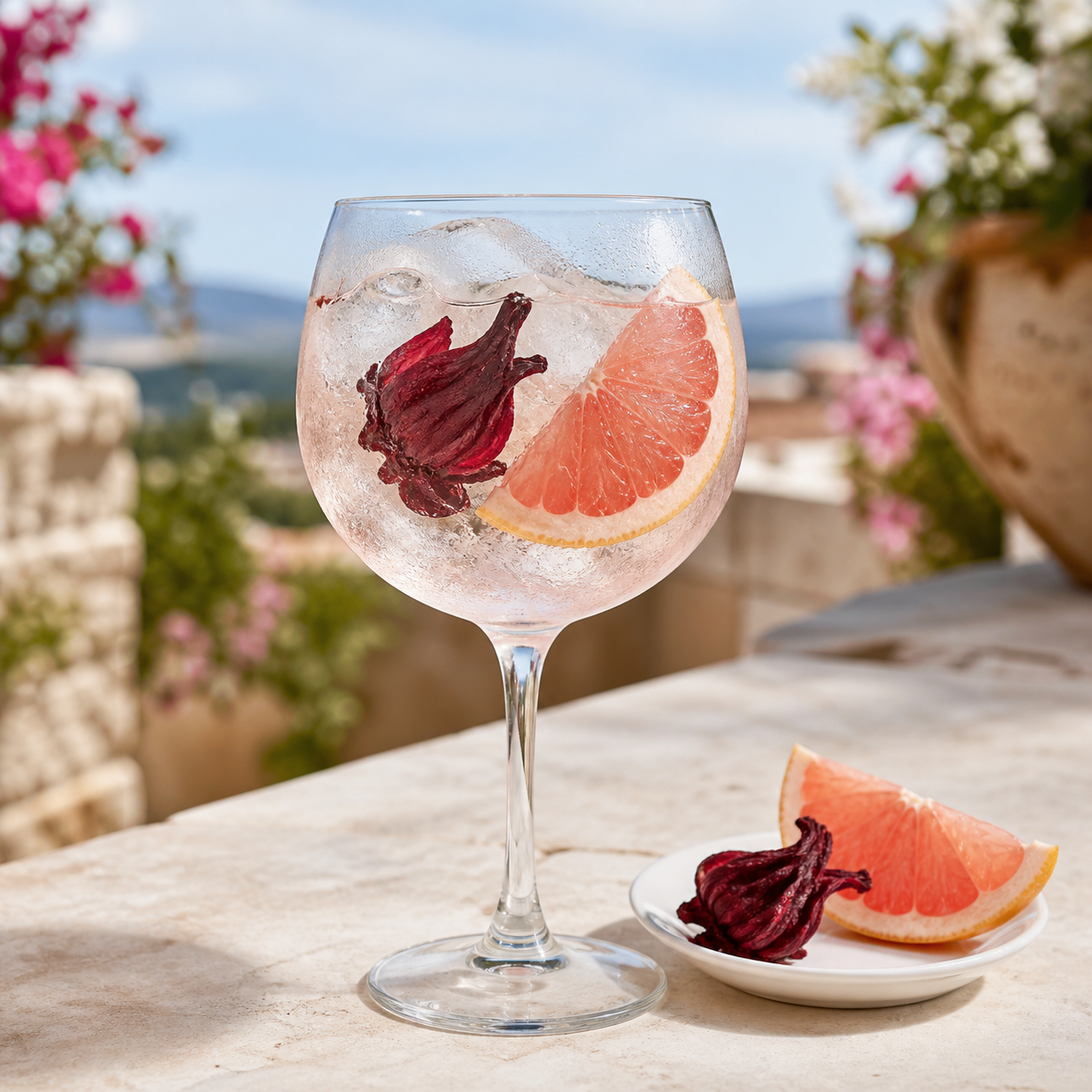 Gin Siderit Hibiscus served with Fever-Tree Indian Tonic Water, garnished with Dried hibiscus flower and Pink grapefruit half-moon