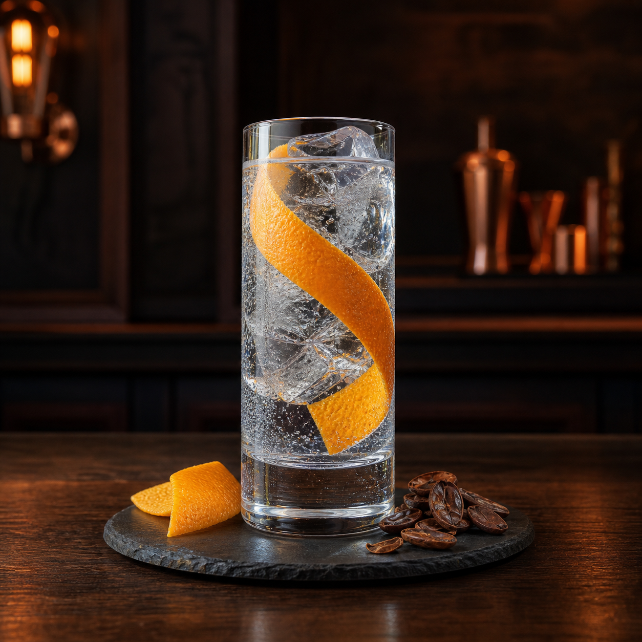 Sabatini Gin Venezuela served with Fever-Tree Naturally Light Tonic Water, garnished with Orange peel and Cacao husks