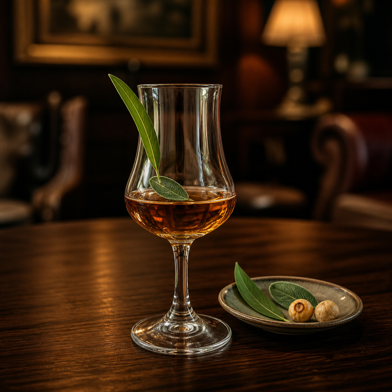 Sabatini Gin Barrel served, garnished with Lemon verbena leaf and Sage leaf