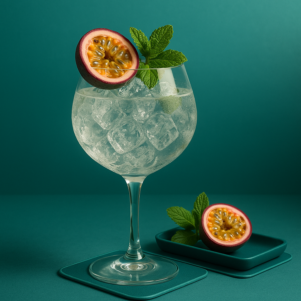 Amuerte Green Edition servi avec Thomas Henry Tonic Water, agrémenté de Passion fruit slice et Mint sprig