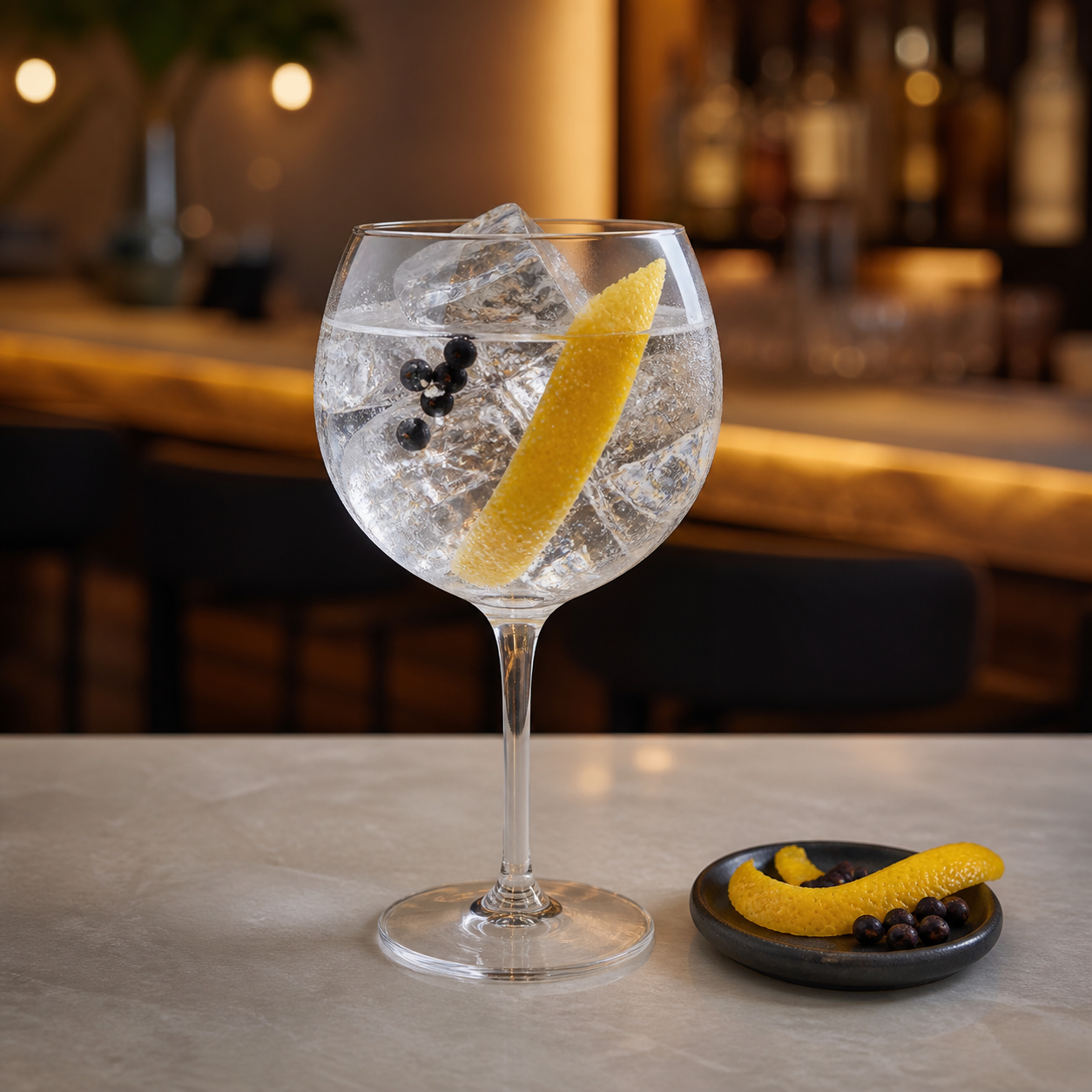 Eugin Numero 7 served with Fever-Tree Indian Tonic Water, garnished with Lemon peel and Juniper berries