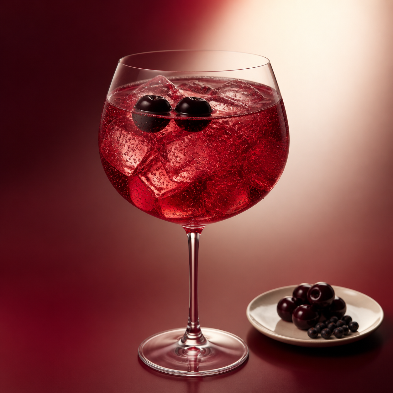 Luxardo Sour Cherry Gin served with Fever-Tree Indian Tonic Water, garnished with two marasca cherries