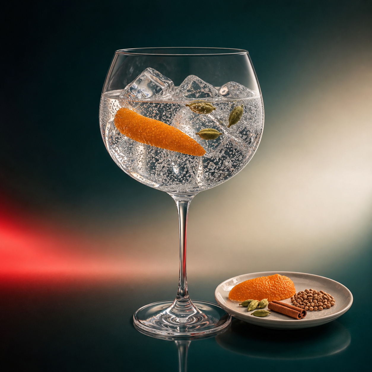 Luxardo London Dry Gin servi avec Fever-Tree Indian Tonic Water, agrémenté de bitter orange peel and cardamom pods