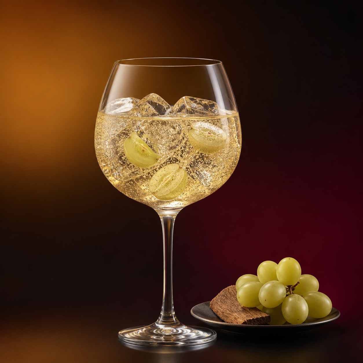 Avem Ajaja served with Fever-Tree Indian Tonic Water, garnished with three halved white grapes
