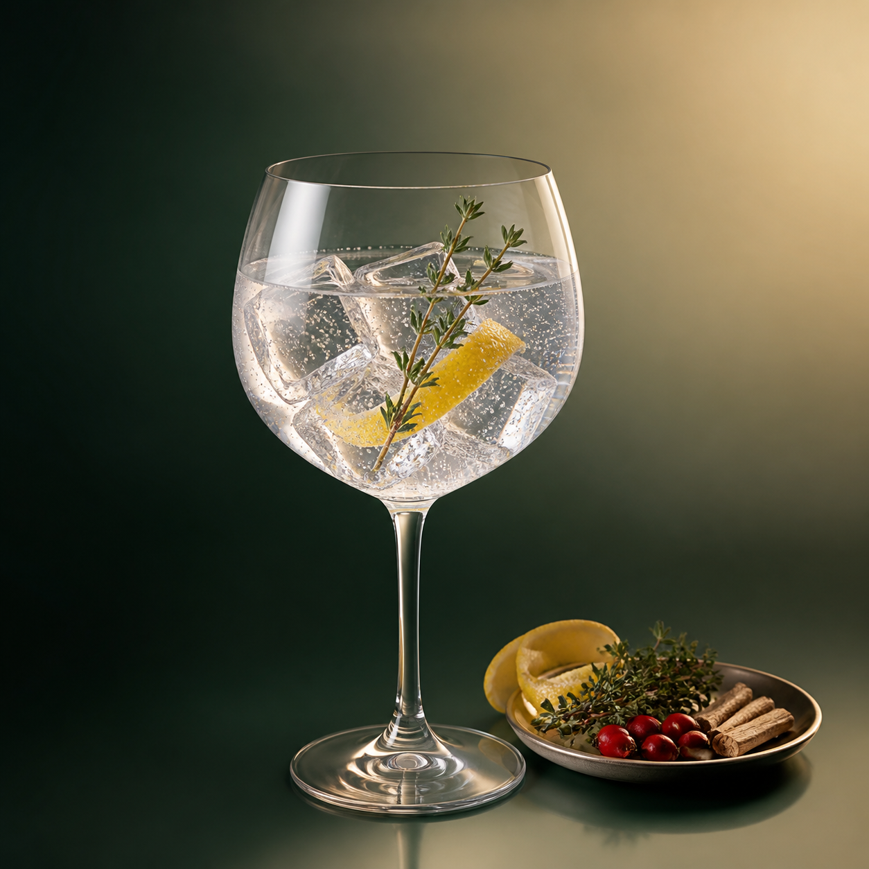 AQVALVCE Navy Strength Gin served with Fever-Tree Indian Tonic Water, garnished with lemon peel and wild thyme sprig