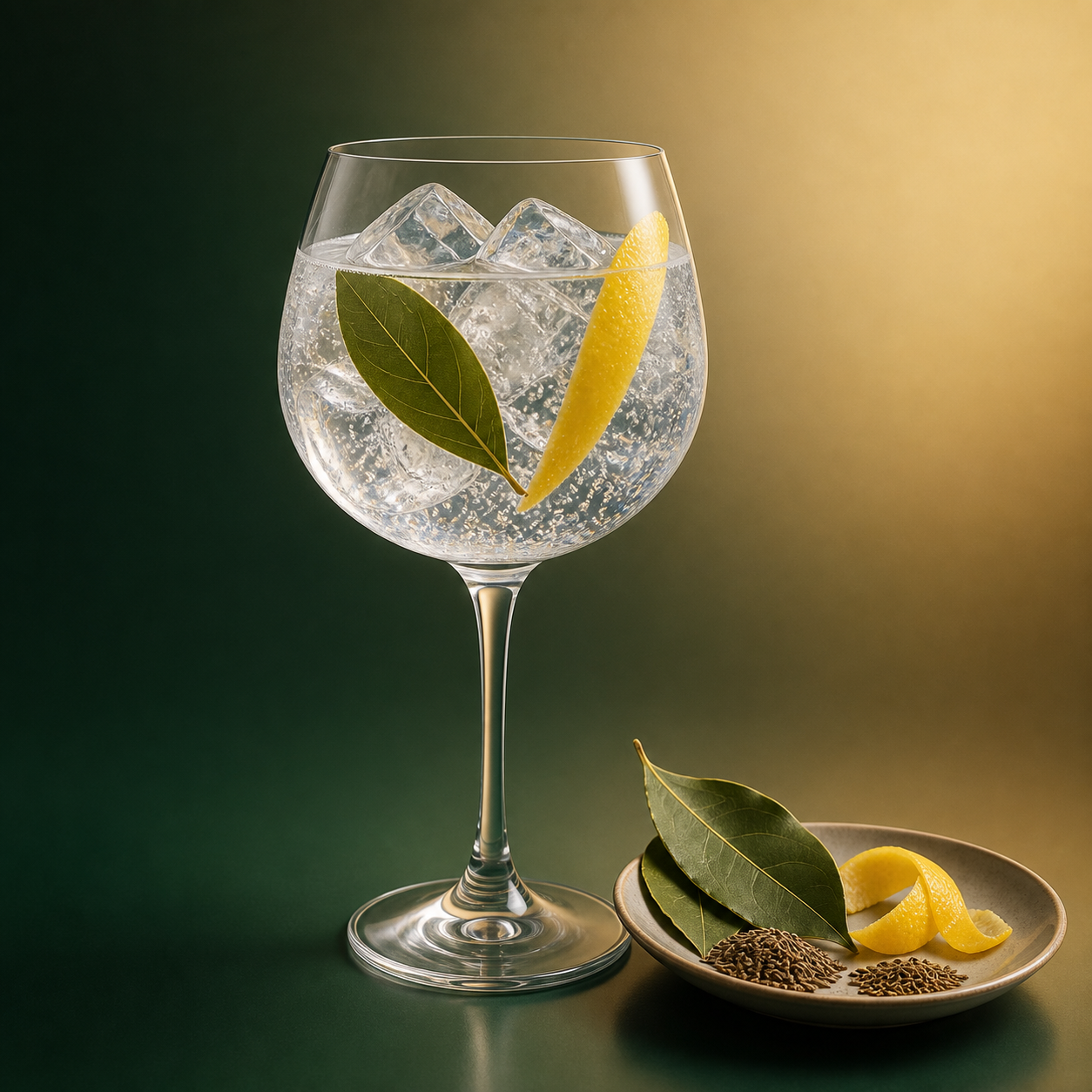 AQVALVCE Dry Gin served with Fever-Tree Mediterranean Tonic Water, garnished with fresh bay leaf and lemon peel
