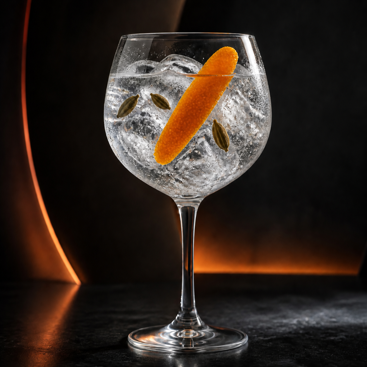 Piero 58 served with Fever-Tree Indian Tonic Water, garnished with orange peel and cardamom pods
