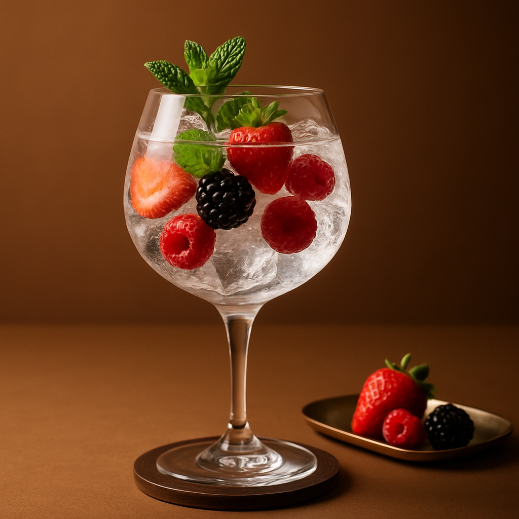 Amicis served with Thomas Henry Tonic Water, garnished with Red fruits (strawberries, raspberries, blackberries) and Mint sprig