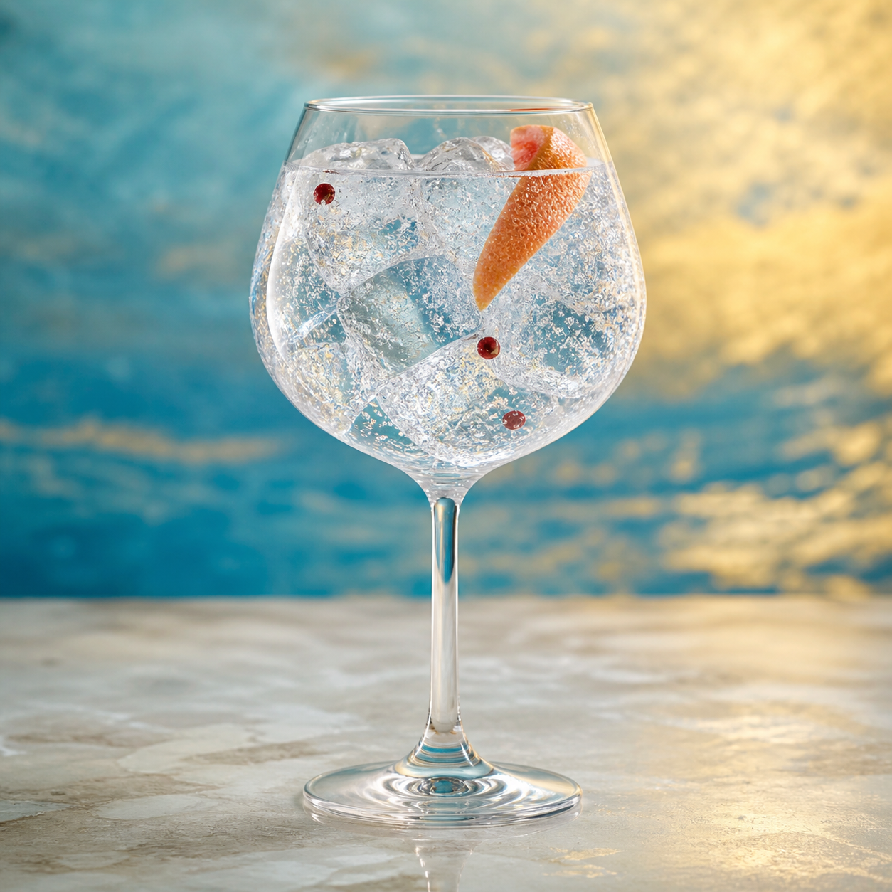 Atlantide Gin con Pompelmo e Alghe served with Fever-Tree Mediterranean Tonic Water, garnished with pink grapefruit peel and pink peppercorns