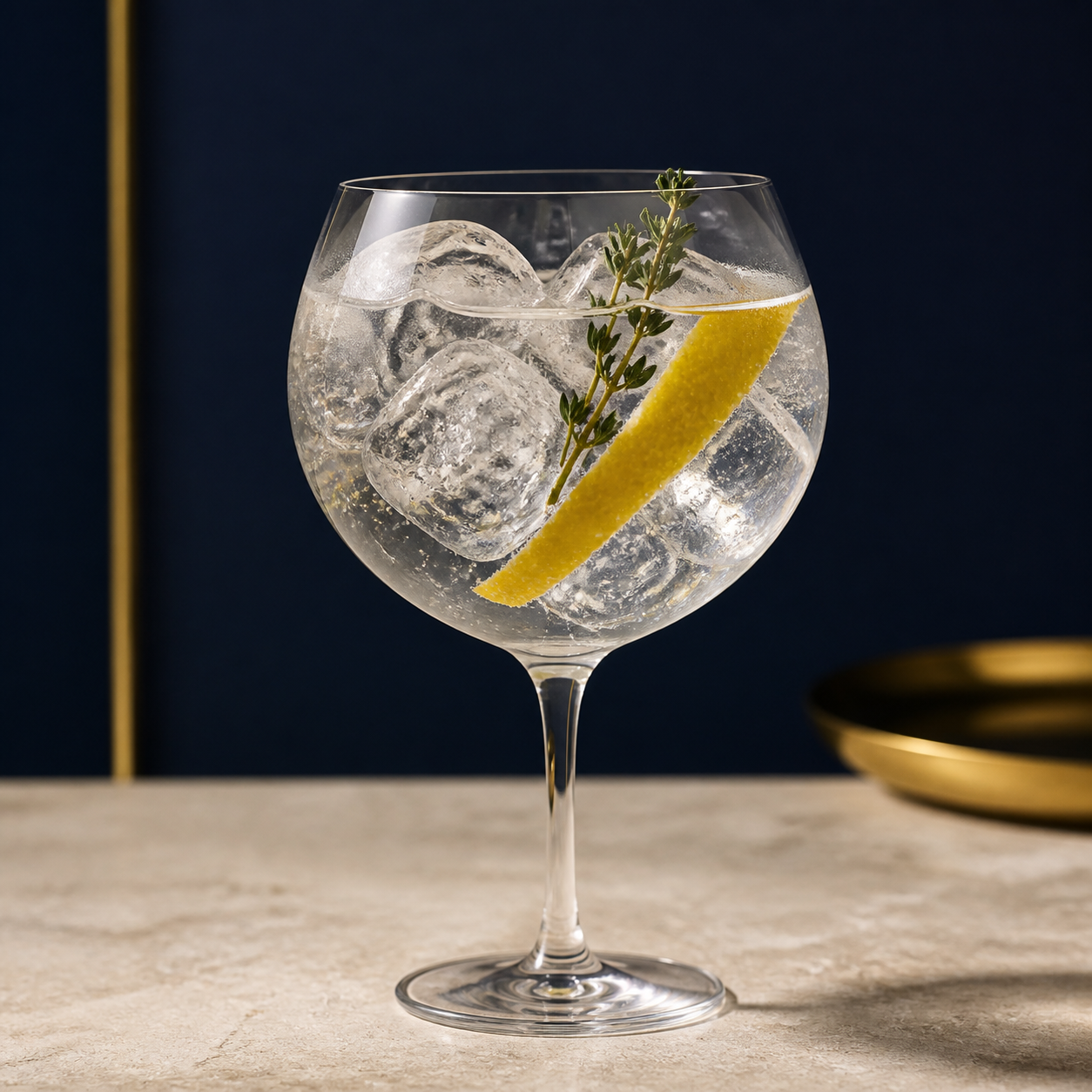 Göta Gin served with Fever-Tree Mediterranean Tonic Water, garnished with lemon peel and thyme sprig