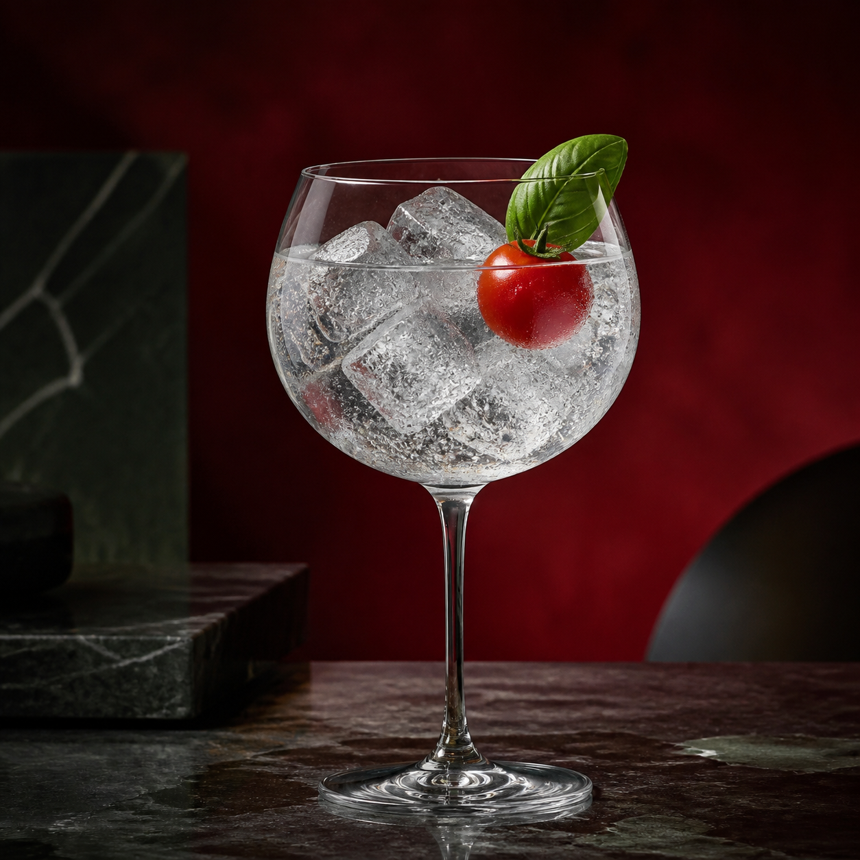 Moletto Gin served with Fever-Tree Mediterranean Tonic Water, garnished with cherry tomato and basil leaf