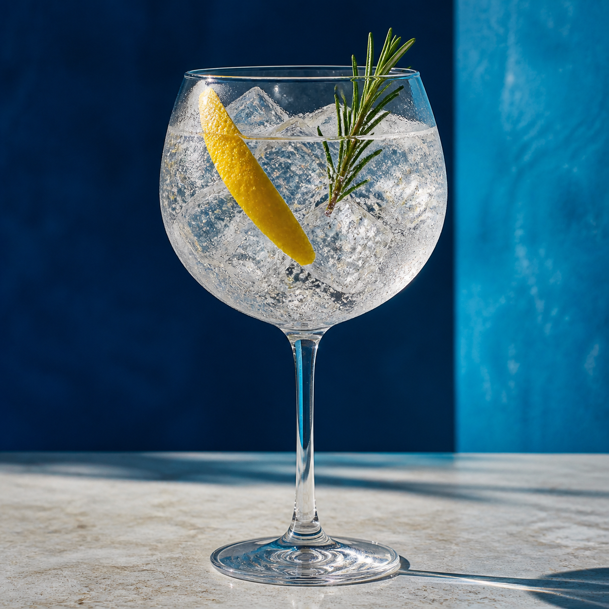 BCN Gin served with Fever-Tree Mediterranean Tonic Water, garnished with lemon peel and rosemary sprig