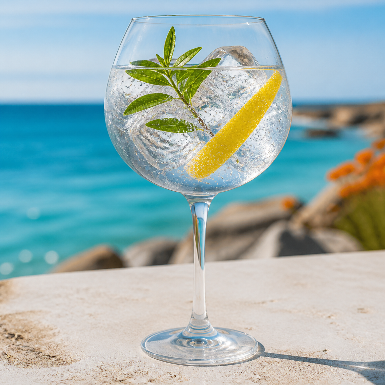 Algaïa London Dry Gin served with Fever-Tree Mediterranean Tonic Water, garnished with lemon verbena sprig and lemon peel