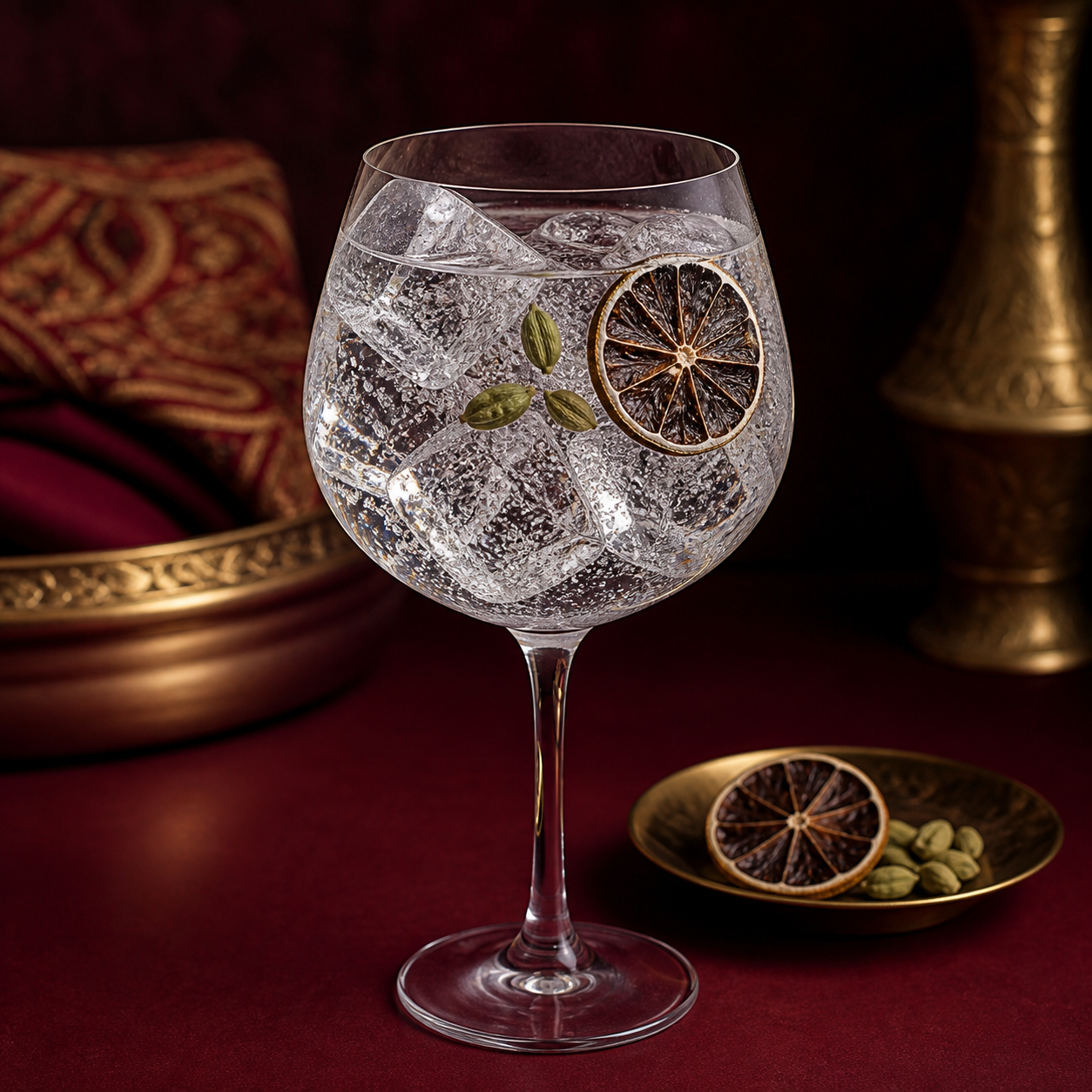 Persepolis Gin served with Fever-Tree Indian Tonic Water, garnished with dried black lime wheel and cardamom pods