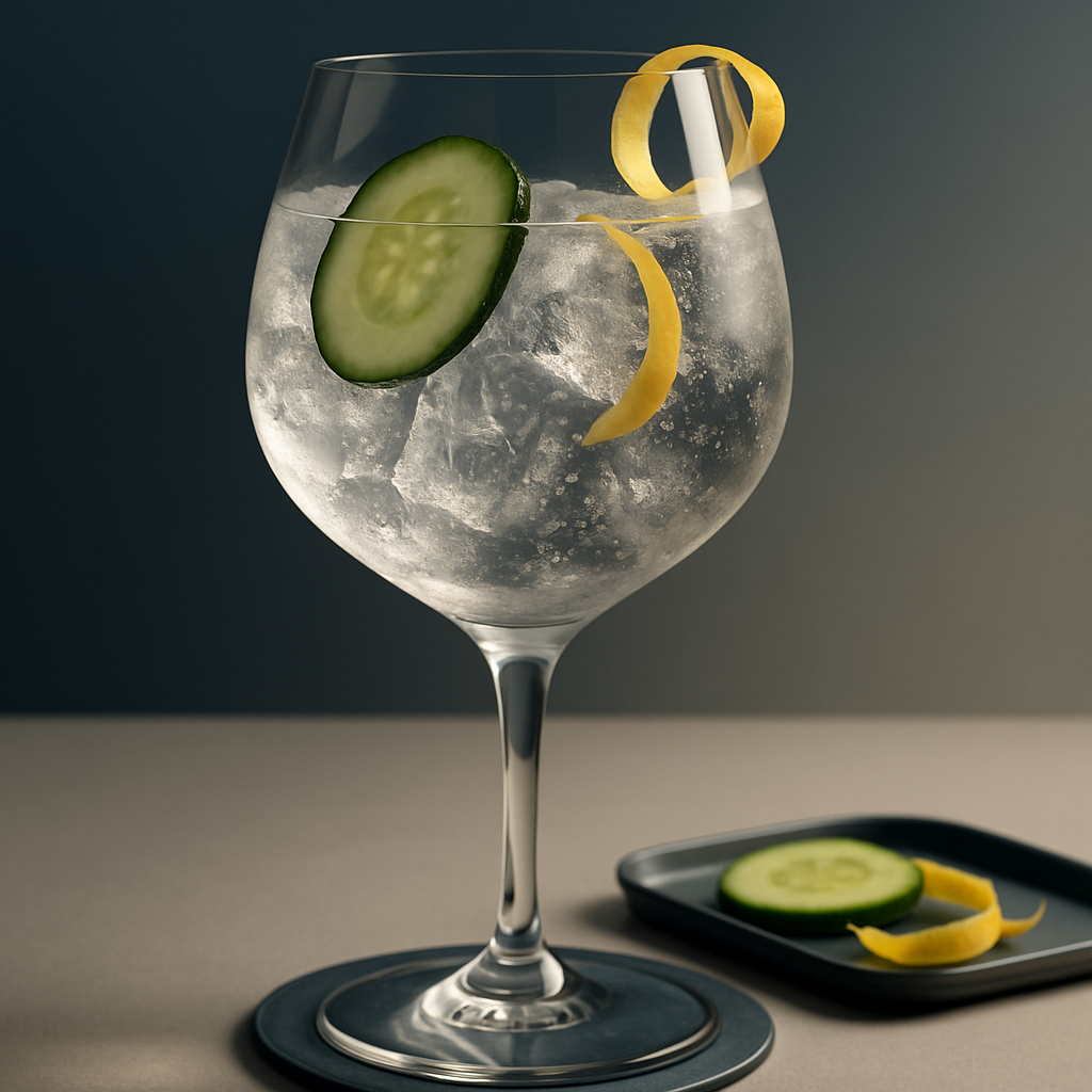 Archange Gin served with Thomas Henry Tonic Water, garnished with Cucumber slice and Lemon peel twist