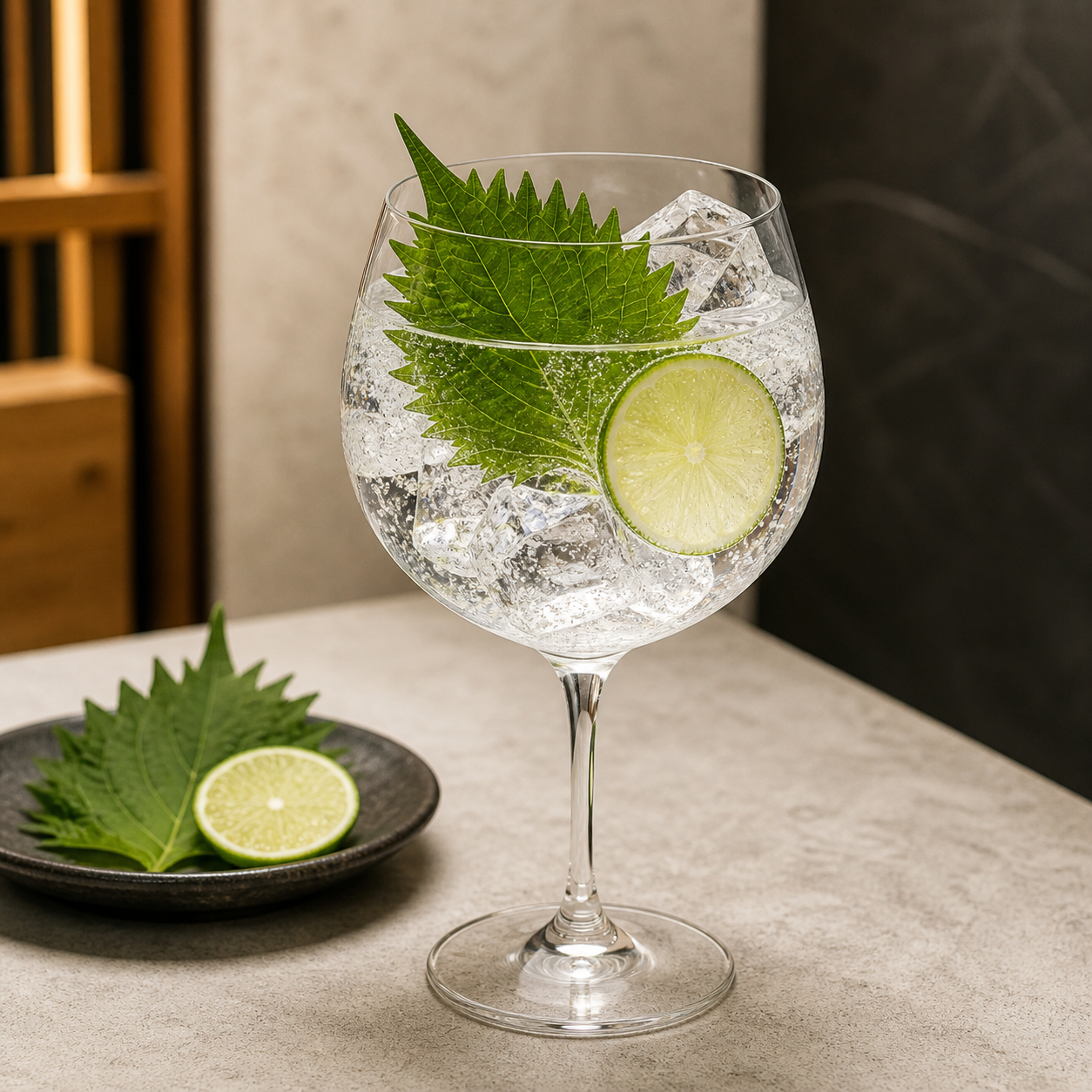 Izakaya Gin served with Fever-Tree Indian Tonic Water, garnished with shiso leaf and lime wheel