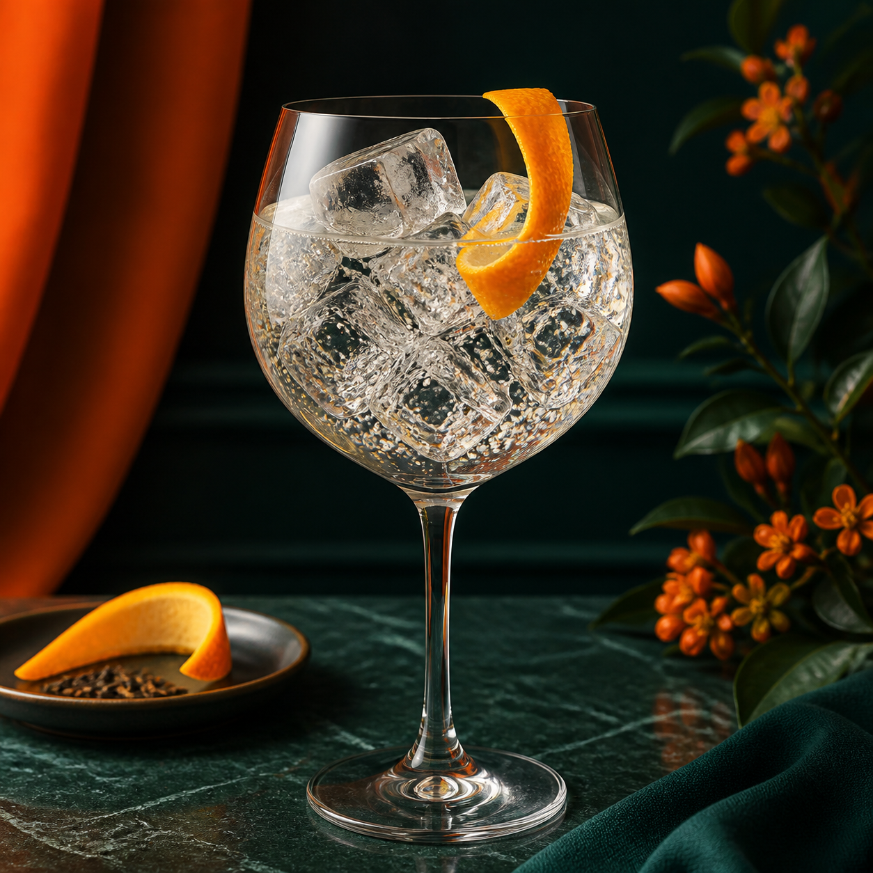 Bergamot Dreams Gin served with Fever-Tree Mediterranean Tonic Water, garnished with orange peel twist