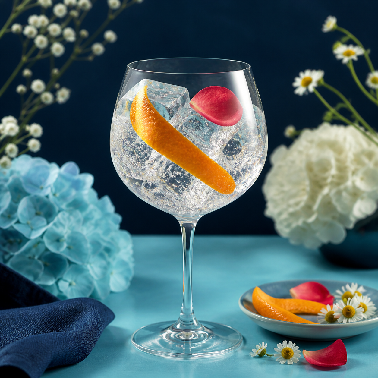 Floral Alchemy Gin served with Fever-Tree Mediterranean Tonic Water, garnished with orange peel and edible rose petal