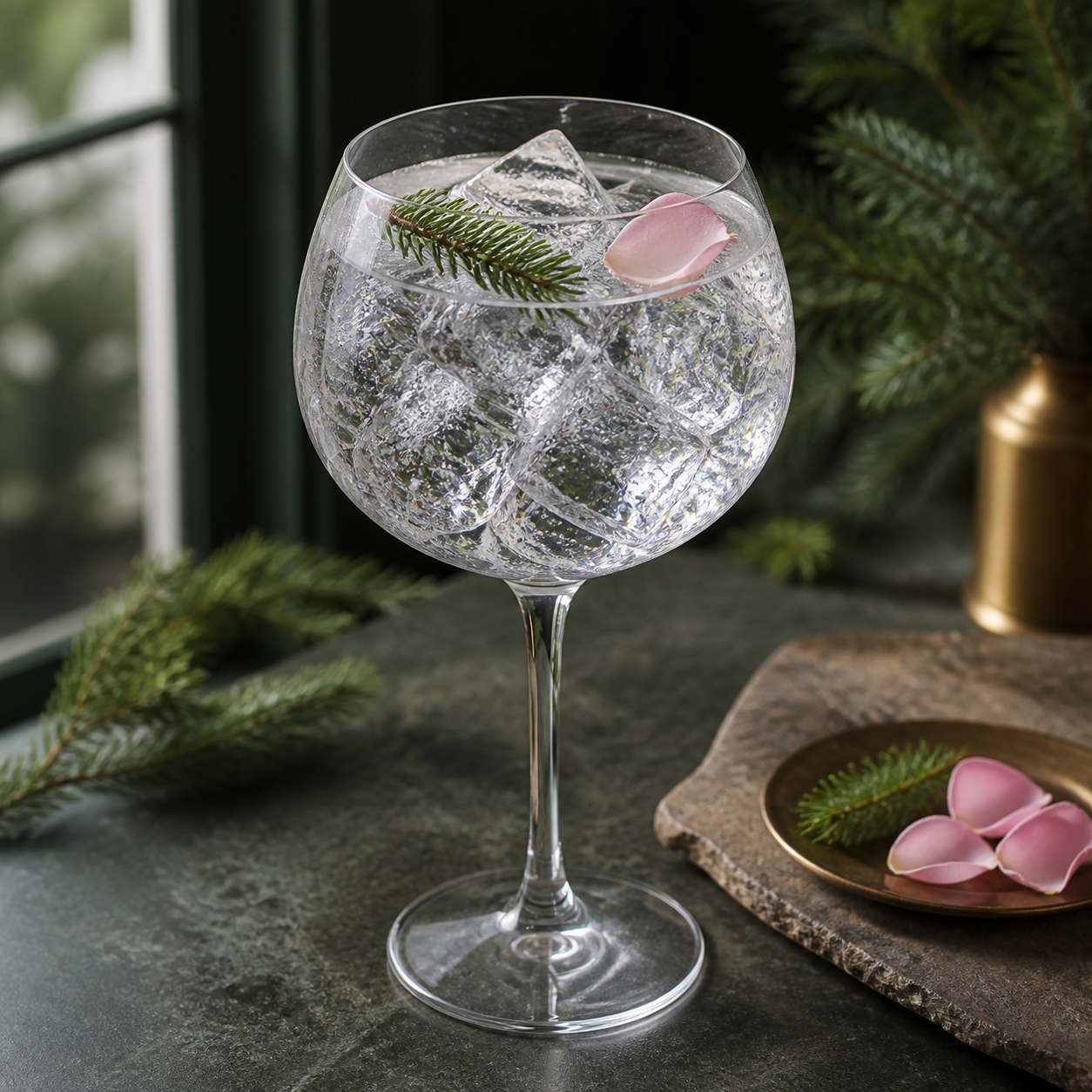 Kayak Gin served with Fever-Tree Indian Tonic Water, garnished with Douglas fir tip and edible rose petal