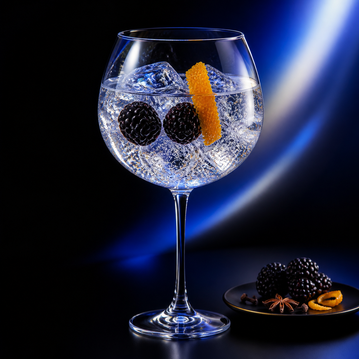 Panda Gin Black Series No 1 served with Fever-Tree Mediterranean Tonic Water, garnished with fresh blackberries and orange peel