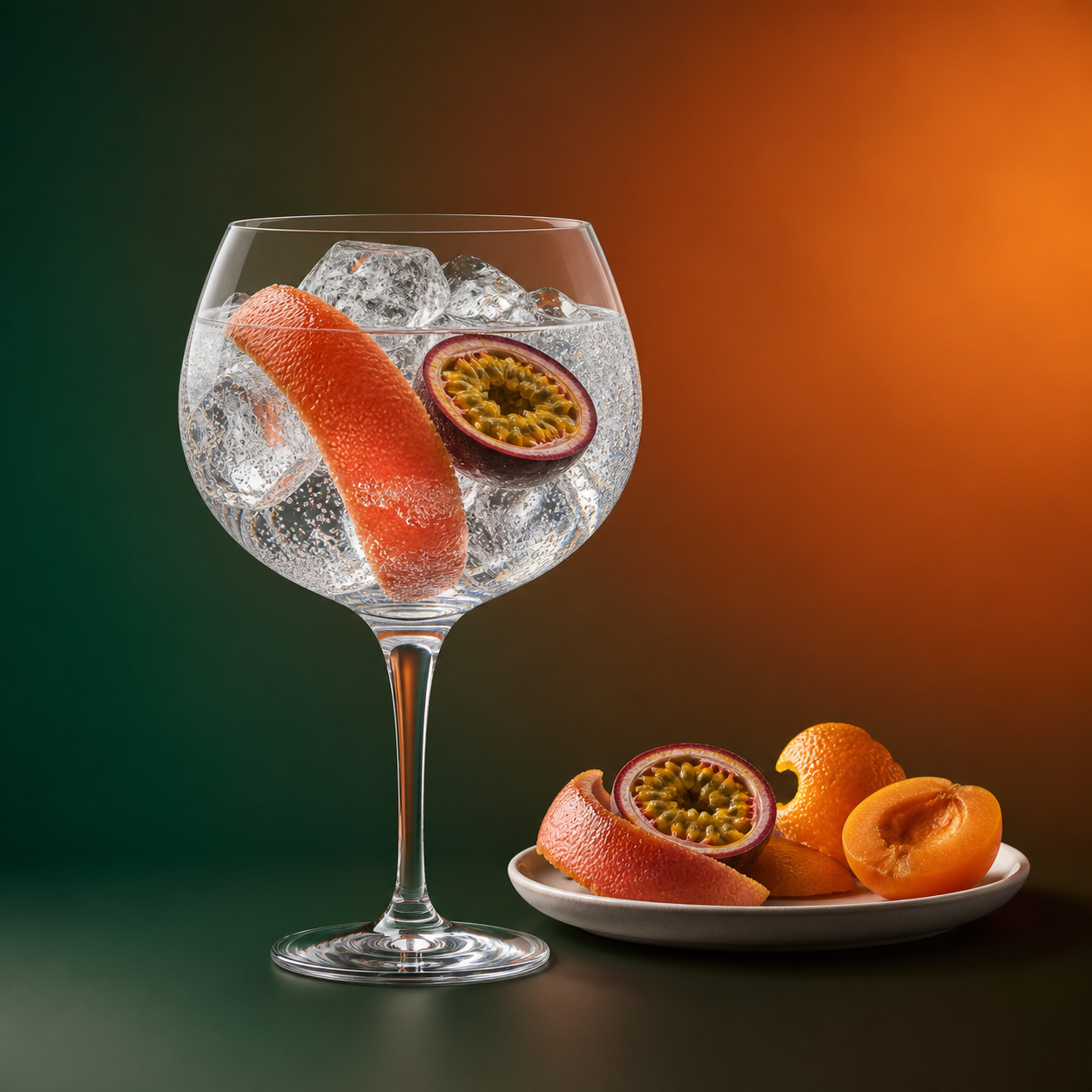 AQVALVCE Gin VICE served with Fever-Tree Mediterranean Tonic Water, garnished with pink grapefruit peel and half passion fruit