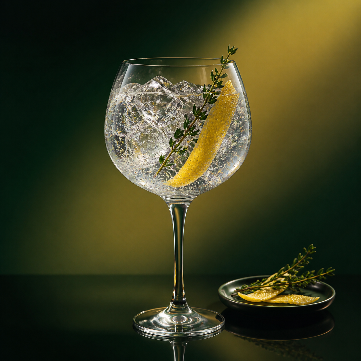 Barber's London Dry Gin served with Fever-Tree Indian Tonic Water, garnished with lemon peel and thyme sprig