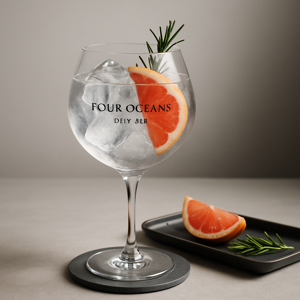 Four Oceans Dry Gin served with Thomas Henry Mediterranean Tonic Water, garnished with Pink Grapefruit Wedge and Fresh Rosemary Sprig