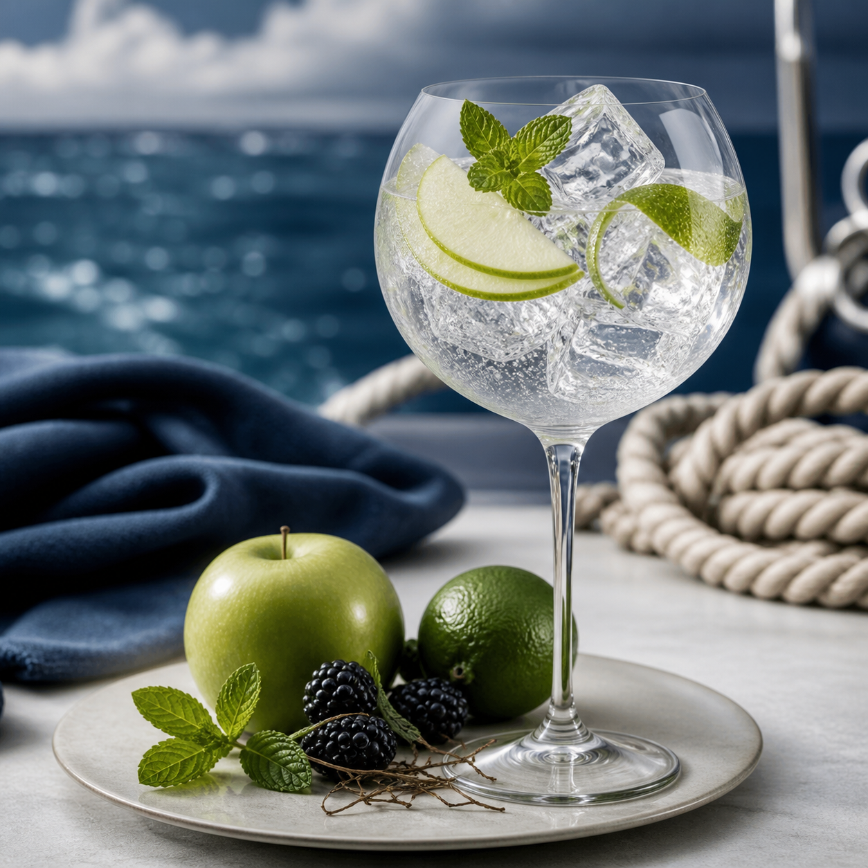 Marabelle Gin servi avec Fever-Tree Mediterranean Tonic Water, agrémenté de green apple, lime and mint