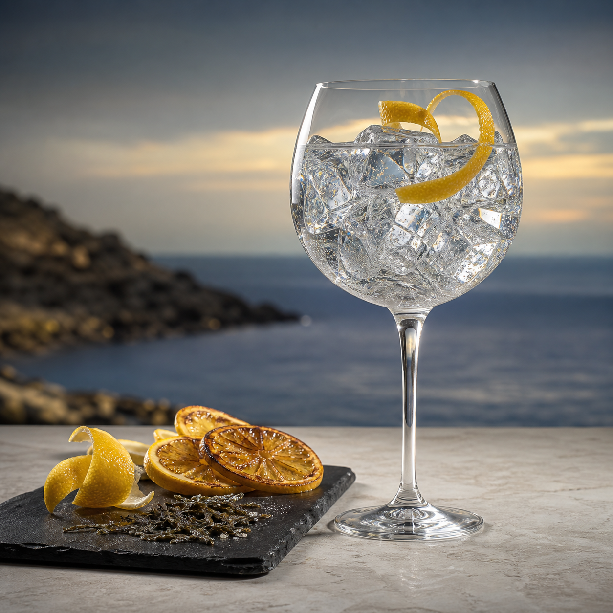 Four Seas Gin served with Fever-Tree Mediterranean Tonic Water, garnished with a lemon twist