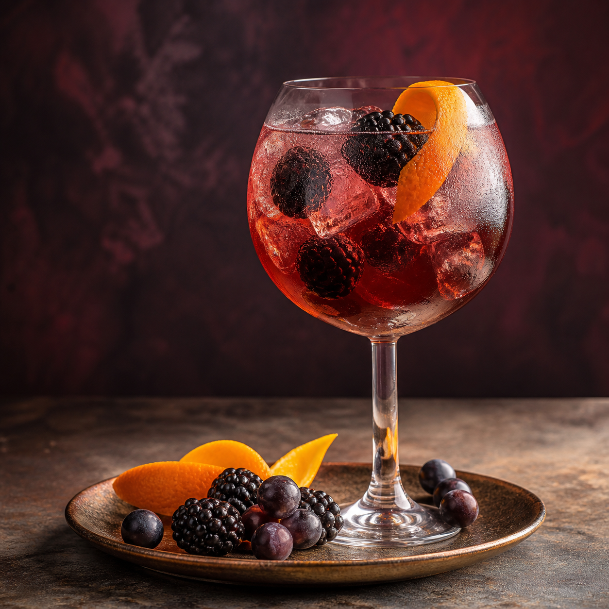 Rock Rose Gin Sloe Gin served with Fever-Tree Indian Tonic Water, garnished with blackberries and orange peel