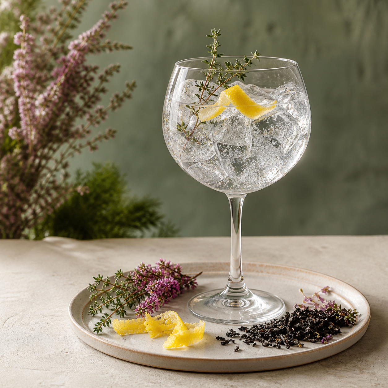 Lassies Toast Gin served with Fever-Tree Mediterranean Tonic Water, garnished with lemon peel and wild thyme