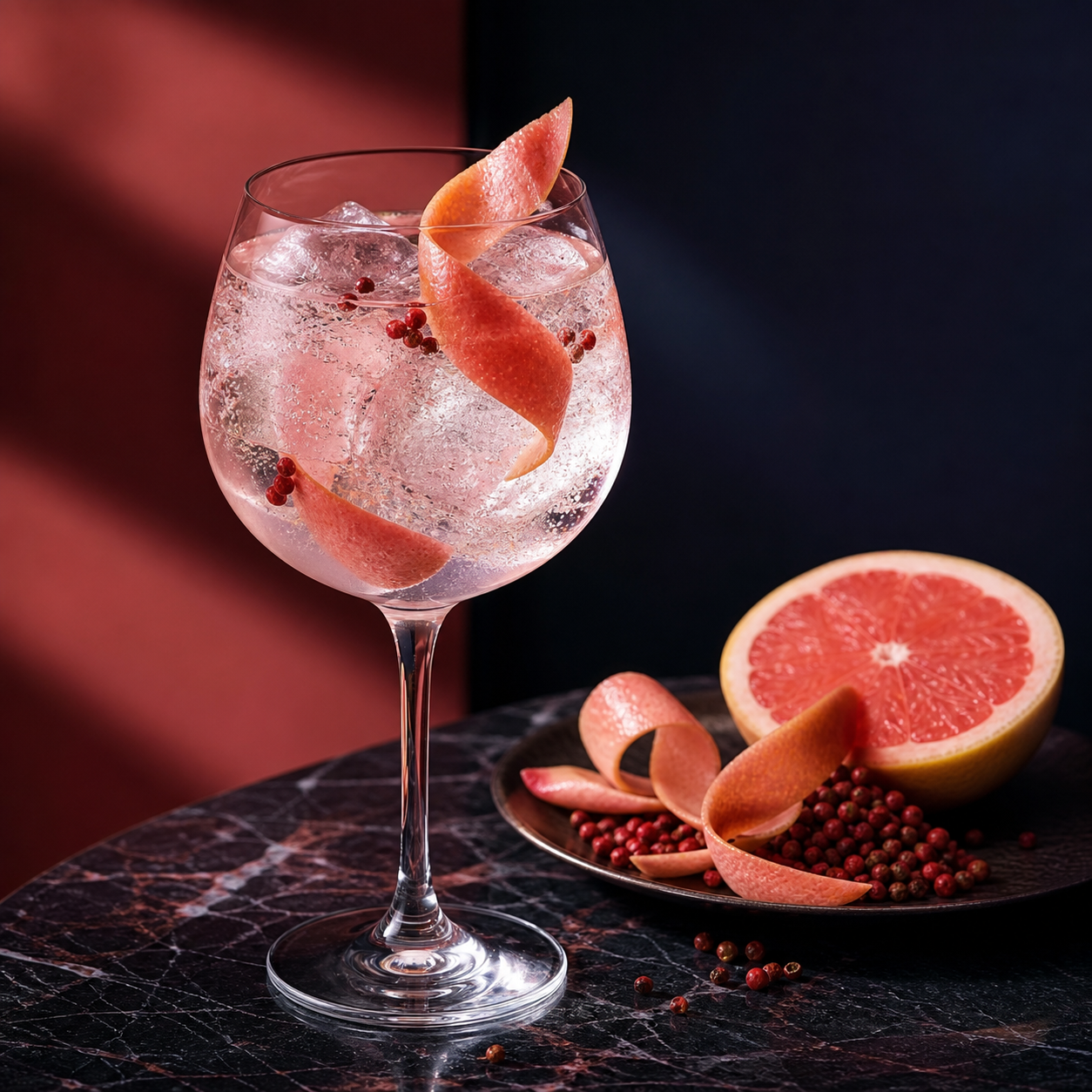 Tarquin's Pink Lemon Grapefruit & Peppercorn Gin servi avec Fever-Tree Indian Tonic Water, agrémenté de pink grapefruit and pink peppercorns