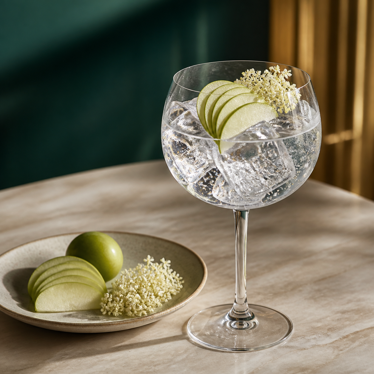Ginbel Gin Bio served with Fever-Tree Indian Tonic Water, garnished with Green apple fan and Edible elderflowers