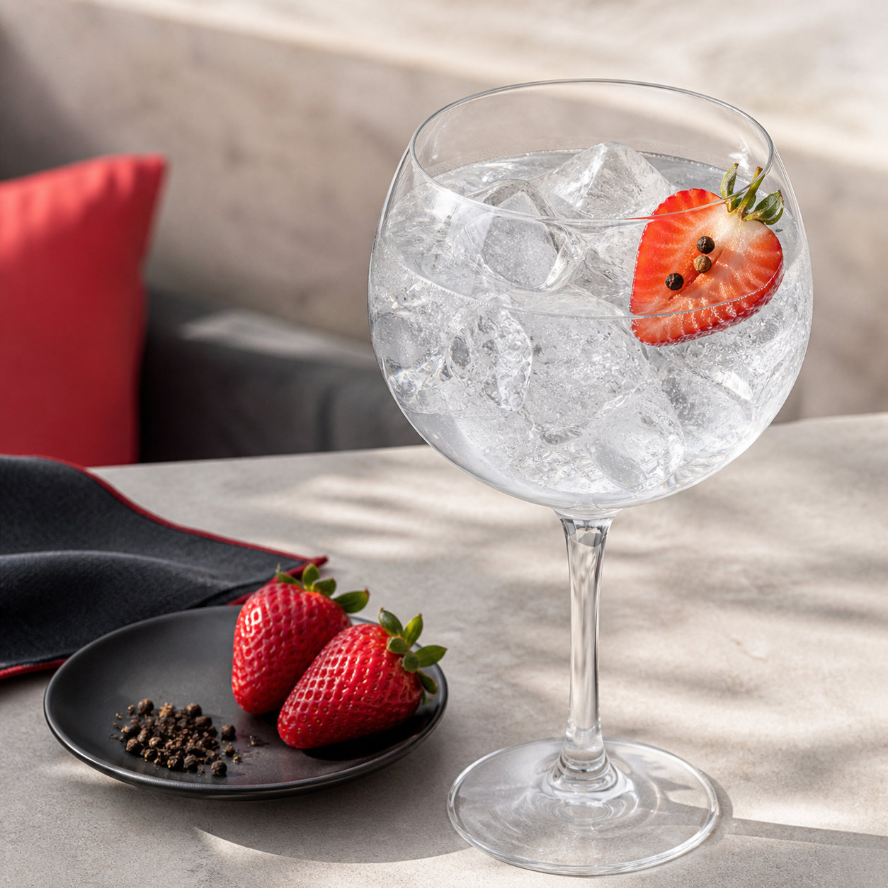Gin de Binche Fraise & Poivres - Edition Limitee served with Fever-Tree Indian Tonic Water, garnished with Fresh strawberry and Cracked black pepper