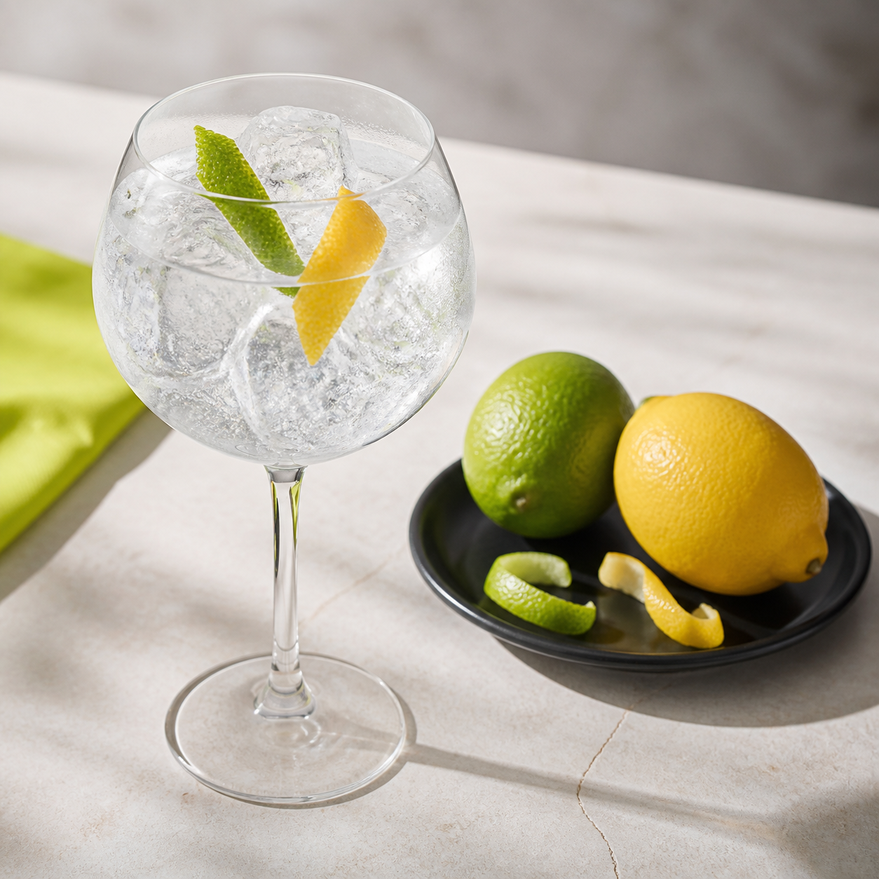 Gin de Binche Citrus Edition served with Fever-Tree Indian Tonic Water, garnished with Lime peel and Lemon peel