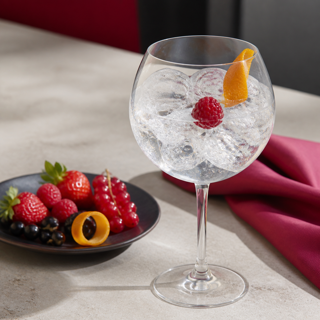 Gin de Binche Fruits Rouges - Edition Limitee servi avec Fever-Tree Indian Tonic Water, agrémenté de Fresh raspberry et Orange peel