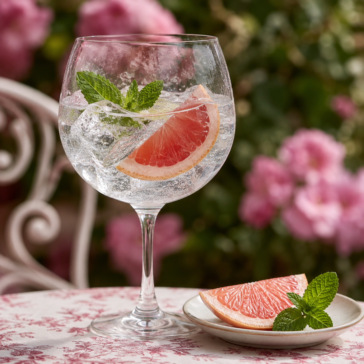 Brecon Rose Petal Gin served with Fever-Tree Naturally Light Tonic Water, garnished with Thin pink grapefruit slice and Fresh mint leaves