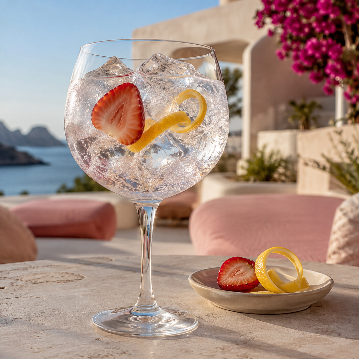 IBZ Pink Strawberry served with Fever-Tree Naturally Light Tonic Water, garnished with Thin strawberry slice and Curled lemon peel