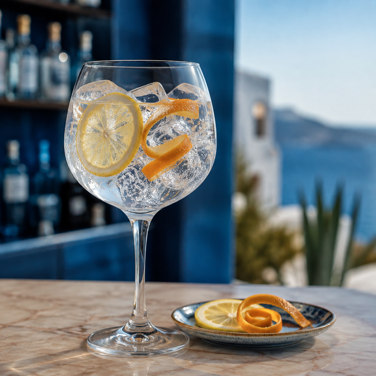 IBZ 48 Premium Dry Gin served with Fever-Tree Indian Tonic Water, garnished with Thin lemon wheel and Curled orange peel