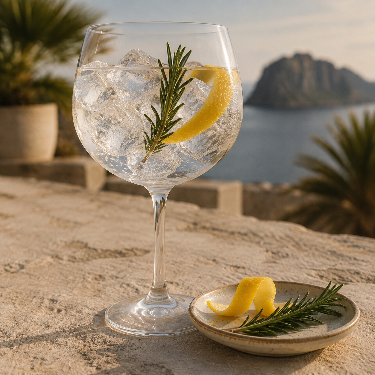 IBZ Premium Gin served with Fever-Tree Mediterranean Tonic Water, garnished with Short fresh rosemary sprig and Curled lemon peel