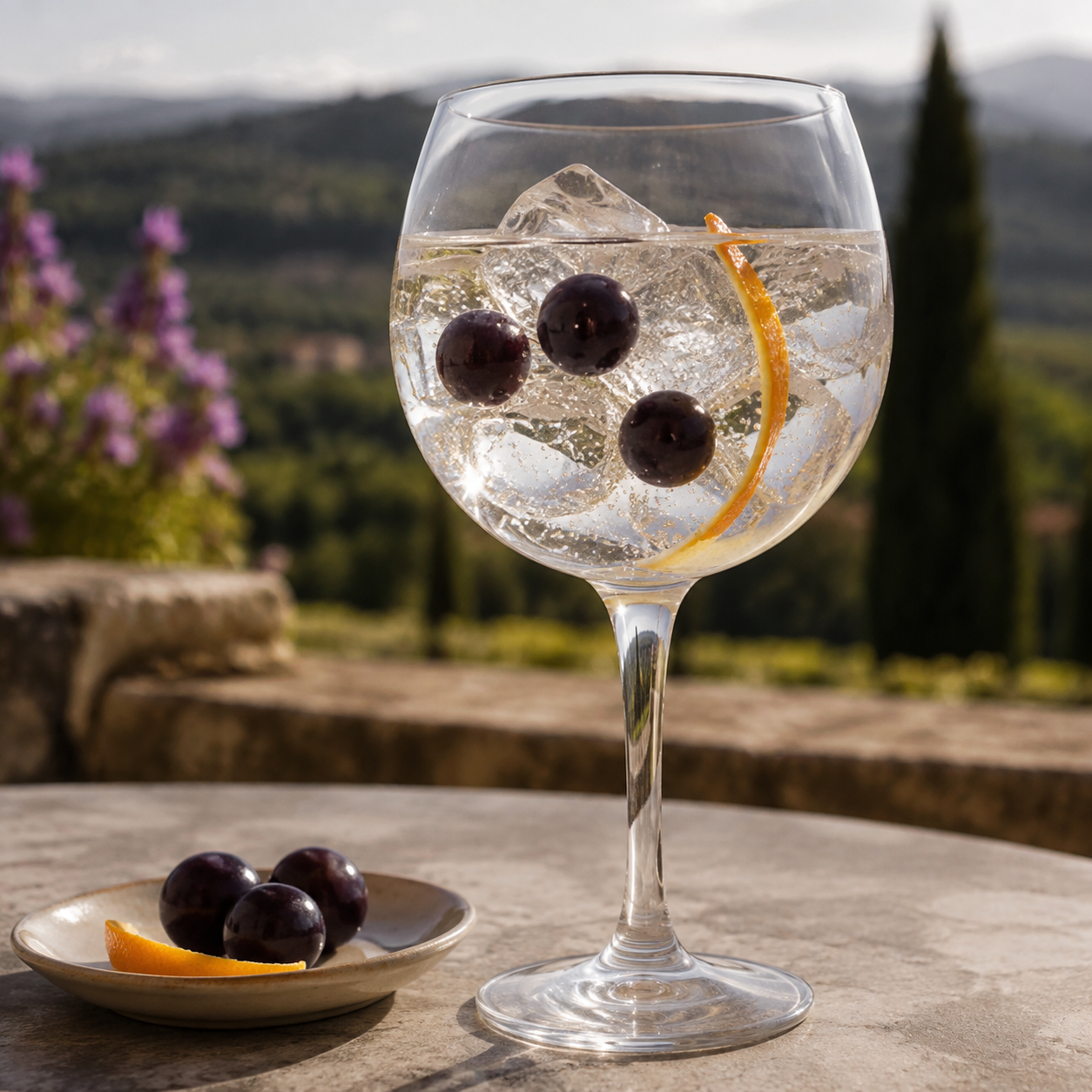 Palma Monastrell Gin served with Fever-Tree Naturally Light Tonic Water, garnished with Dark Monastrell grapes and Thin orange peel