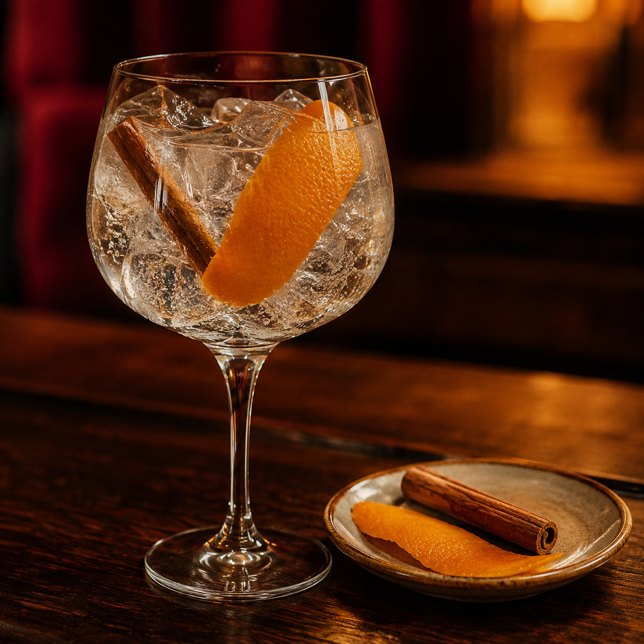Palma Spiced Gin served with Fever-Tree Aromatic Tonic Water, garnished with Short cinnamon stick and Broad orange peel