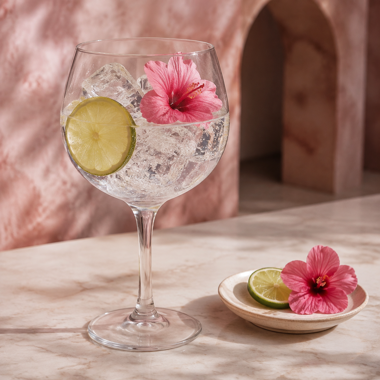 Palma Rosé Gin served with Fever-Tree Naturally Light Tonic Water, garnished with Thin lime wheel and Edible hibiscus flower